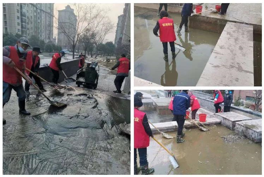阳光城市小区物业清理观景池，营造节日氛围